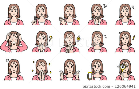 圖解集：一位身穿西裝的女性透過臉部表情和姿勢表達情緒 126064941