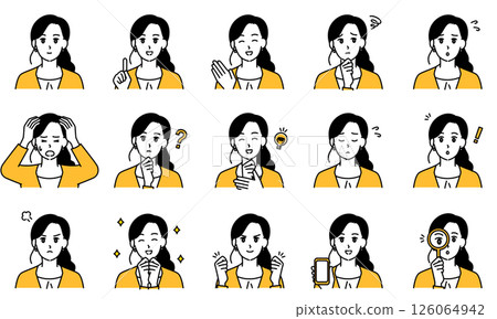 商務休閒女性透過臉部表情和姿勢表達情緒的插畫集 126064942