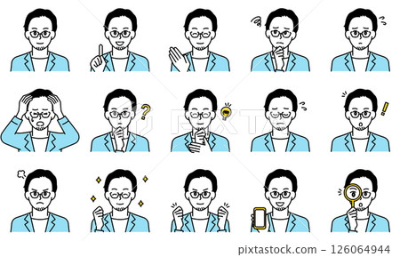 商務休閒男士透過臉部表情和姿勢表達情緒的插畫集 商務休閒男士透過臉部表情和姿勢表達情緒的插畫集 126064944