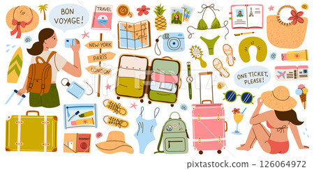 Summer set of flat cartoon illustrations on womens travel and solo vacation theme. Stylish girls with suitcase, vintage luggage, maps, camera, flight accessories, resort essentials vector collection 126064972