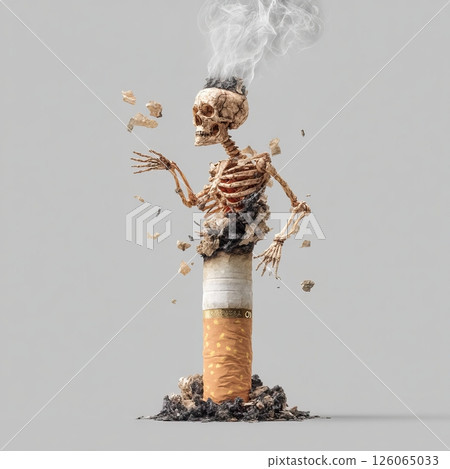 Burning cigarette with skeleton emerging from smoke representing health risks 126065033