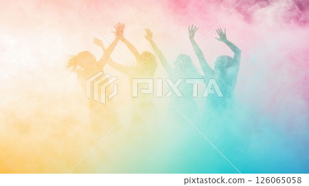 Friends raising hands, celebrating holi festival with colorful powder 126065058