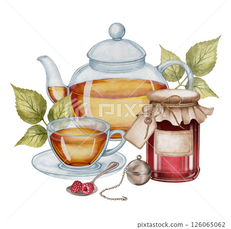 Tea set with jam and leaves 126065062
