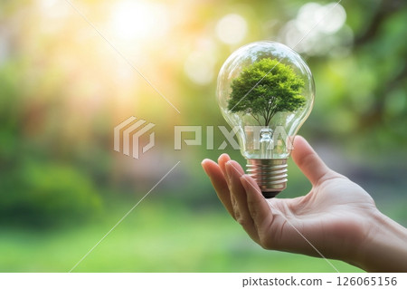 Hand holding light bulb with tree inside symbolizing green energy and environmental conservation 126065156