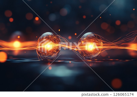 Two glowing spheres connected by energy beams creating a futuristic scene 126065174