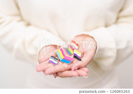 Happy pride month and LGBT or LGBTQ or LGBTQIA with rainbow flag Brooch pin for Lesbian, Gay, Bisexual, Transgender, Non Binary, Marriage Equality Law, Pansexual, Asexuality and Bisexuality Day 126065263