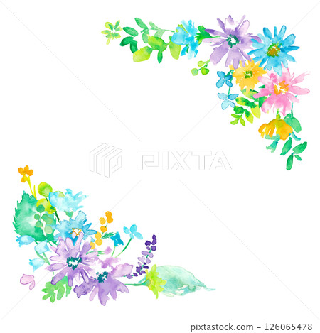 Watercolor painting. Colorful spring petals frame with watercolor touch. Vector illustration of colorful flowers. 126065478