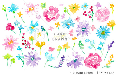 Watercolor painting. Colorful spring petals frame with watercolor touch. Vector illustration of colorful flowers. 126065482
