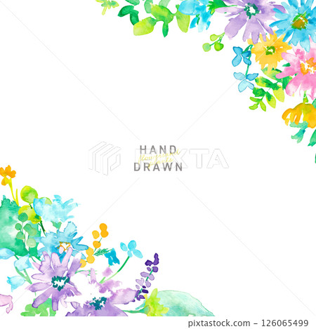 Watercolor painting. Colorful spring petals frame with watercolor touch. Vector illustration of colorful flowers. Watercolor painting. Colorful spring petals frame with watercolor touch. Vector illustration of colorful flowers. 126065499