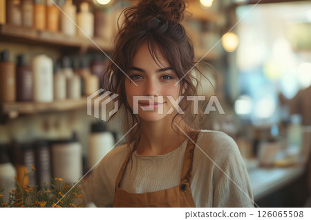 a local entrepreneur running a small beauty salon, styling a customers hair while chatting, with traditional decor and a warm, welcoming atmosphere 126065508