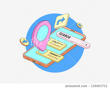 Real-time crowd dynamics for local spots - vector illustration of smart city navigation interface with live crowd density tracking, zero-click local search results and integrated local smart ratings 126065752
