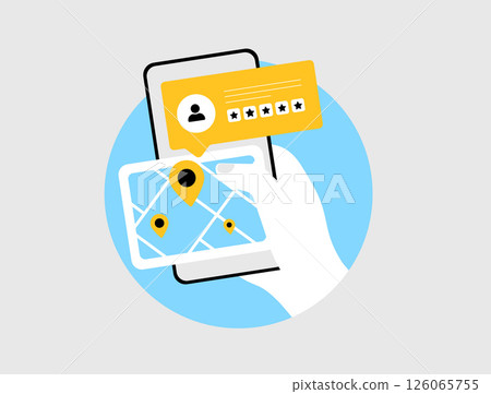 Micro-influencer discovery via map interface. Smart map tool showing local influencers near points of interest, with review snippets and social media handles for targeted marketing illustration 126065755