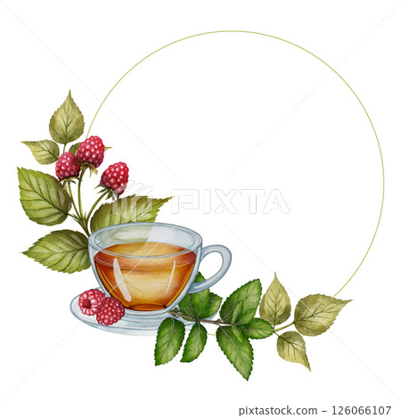 Raspberry Tea Cup with Leaves Wreath Watercolor 126066107