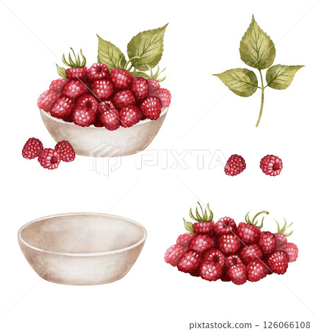 set of raspberry bowl Watercolor illustration 126066108