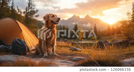 a happy dog sitting by a tent at sunrise, surrounded by camping gear, with a scenic mountain backdrop and copy space on the right, warm golden light 126066156