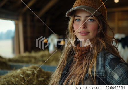 a woman running a small dairy farm, standing with her hands on her hips beside cows in a barn, with hay and feeding troughs in the background, illuminated by soft natural light 126066264