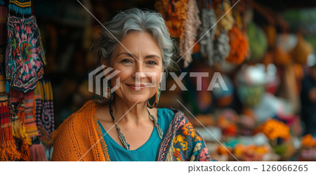 a woman selling handmade crafts at a vibrant village market, showcasing her goods to a customer, surrounded by stalls and traditional decorations, with warm natural light 126066265