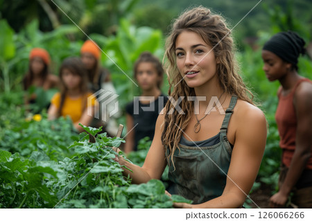 a woman teaching a group of younger farmers sustainable farming practices, demonstrating with tools and seeds, with crops and trees surrounding the group, soft natural lighting 126066266