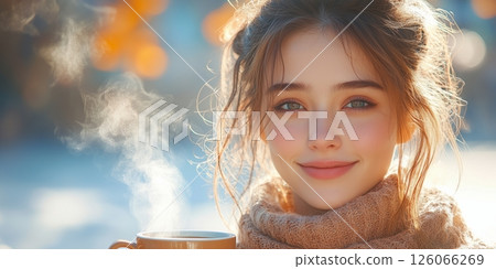 A girl smiles while holding a coffee mug, radiating happiness and satisfaction 126066269