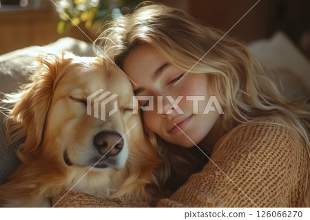 a young woman hugging her golden retriever in a sunlit living room, cozy furniture and plants in the background, warm natural lighting 126066270
