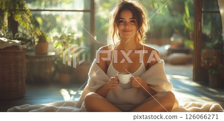 A woman sits on a cozy couch, holding a coffee mug with a joyful, contented smile 126066271
