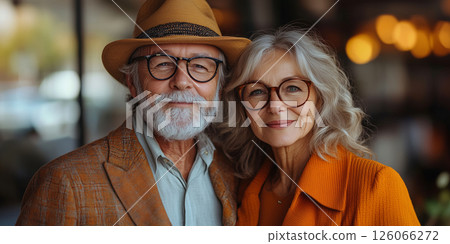 an elegant senior couple dressed in matching outfits, posing together in a bright urban setting, empty right side for copy space, natural daylight 126066272