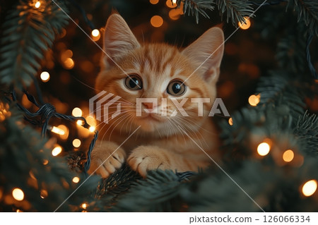 A cute domestic cat playfully explores the Christmas tree branches 126066334