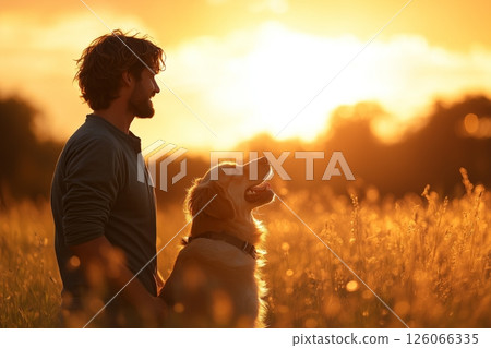 a man and his dog are in a field, both looking happy and engaged, golden sunlight casting long shadows across the grass 126066335