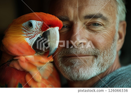A man sits quietly with a parrot perched on his shoulder, sharing a peaceful moment A man sits quietly with a parrot perched on his shoulder, sharing a peaceful moment 126066336