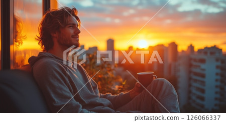 A man sips coffee on his balcony, wearing pajamas and enjoying a beautiful cityscape 126066337