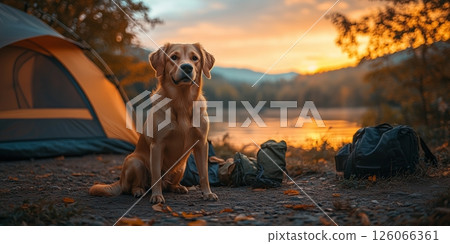 A dog  sits peacefully by a tent, watching the sunrise over a scenic lake 126066361
