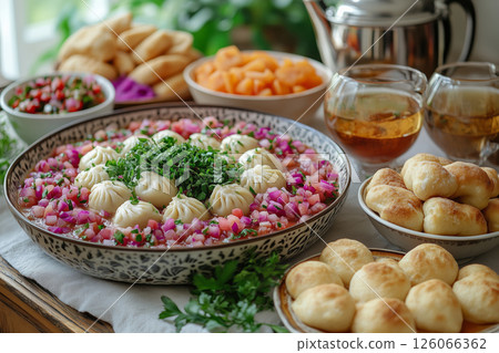 a Russian holiday table, featuring pelmeni, borscht, pickled vegetables, and freshly baked pirozhki, served on a linen tablecloth with samovar tea and warm natural light 126066362