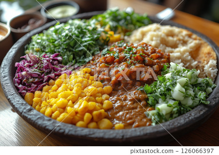 a traditional Ethiopian meal served on a large injera platter, topped with colorful wot (stews) and surrounded by small bowls of fresh salads, on a low wooden table with warm lighting 126066397