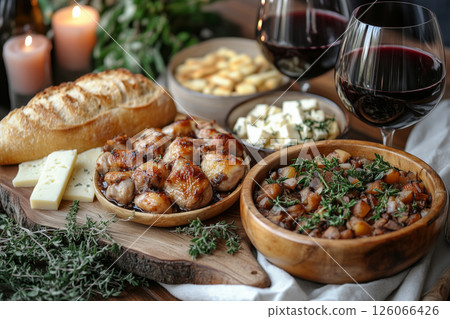 a French farmhouse dinner, featuring a rustic baguette, cheese board, coq au vin, and red wine, served on a wooden table with elegant linens and warm candlelight 126066426