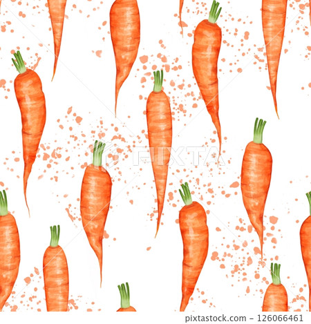 Seamless pattern featuring hand-drawn carrots with green tops, accented with splashes of orange, ideal for kitchen decor or children's themes 126066461