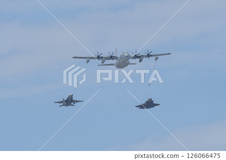 US Marine Corps KC-130J, F/A-18 and F-35 flying in formation at the Iwakuni Air Base Air Show US Marine Corps KC-130J, F/A-18 and F-35 flying in formation at the Iwakuni Air Base Air Show 126066475
