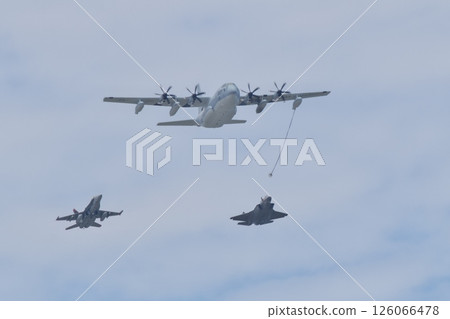 US Marine Corps KC-130J, F/A-18 and F-35 flying in formation at the Iwakuni Air Base Air Show 126066478