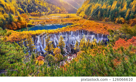 Nuorilang waterfall in Jiuzhaigou national park, China. Autumn in Sichuan. 126066610