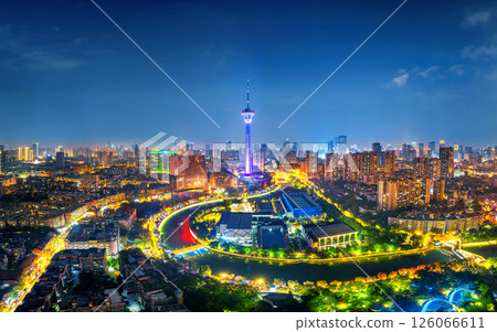 Aerial view of Chengdu city at night, China. 126066611
