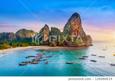 Railay beach with long tail boat in Krabi, Thailand. 126066614