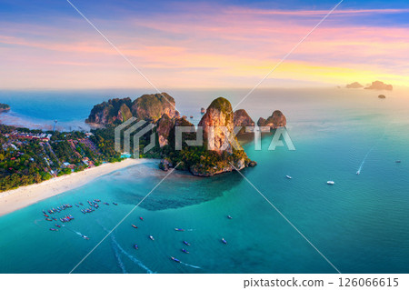 Aerial shots of Railey Beach at sunset, Krabi, Thailand. 126066615