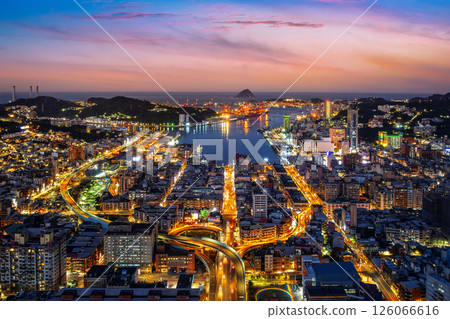Aerial view of Keelung city at twilight, Taiwan. 126066616