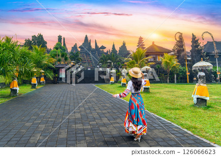 Women tourists walking at Besakih temple in Bali, Indonesia. 126066623