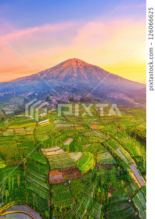 Scenic of Mount Sumbing at sunrise, Central Java, Indonesia. 126066625