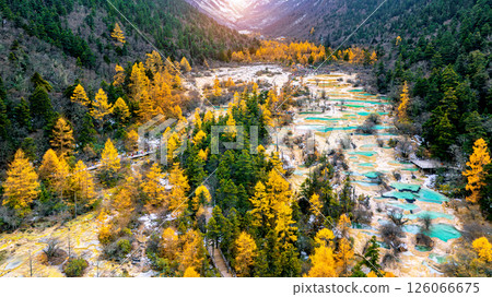 Aerial shots of Huanglong national park in autumn, China. 126066675