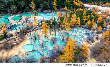 Aerial shots of Huanglong national park in autumn, China. 126066676