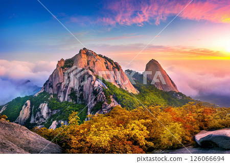 Bukhansan mountains at sunrise, Autumn in Seoul, South Korea. Bukhansan mountains at sunrise, Autumn in Seoul, South Korea. 126066694
