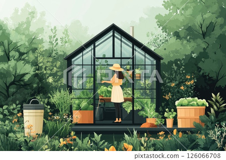 Modern tiny greenhouse with a woman tending vegetables in a tranquil garden setting 126066708