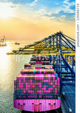 Cargo ship and cargo container in harbor. 126066719