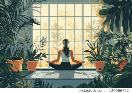 Woman meditating peacefully in warm morning light with potted plants by the window 126066722